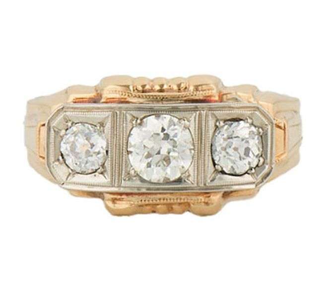 0.54ctw European Diamond Three Stone Two Tone Art Deco Ring in 10K