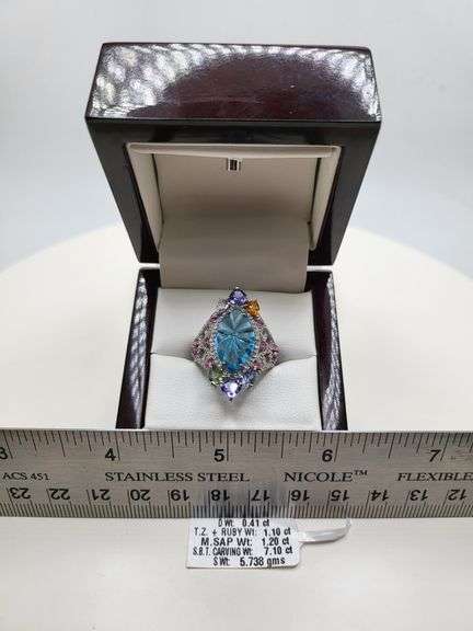 Extremely fine Victorian natural topaz, multi sapphire, diamonds ring on silver