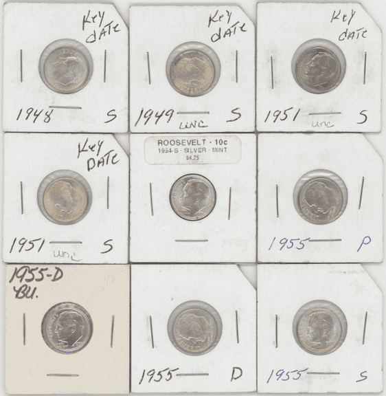 9 Assorted Gem BU Roosevelt Dimes featuring 1949-S