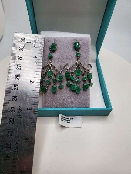 Very high quality hand made emerald and diamonds on silver earrings