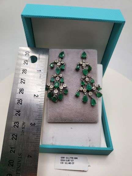 Very high quality hand made emerald and diamonds on silver earrings