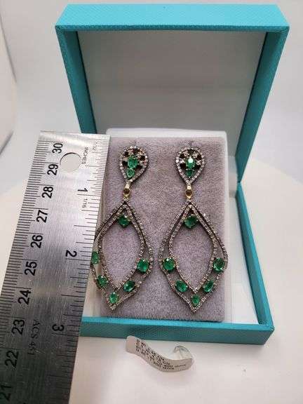Very high quality hand made emerald and diamonds on silver earrings