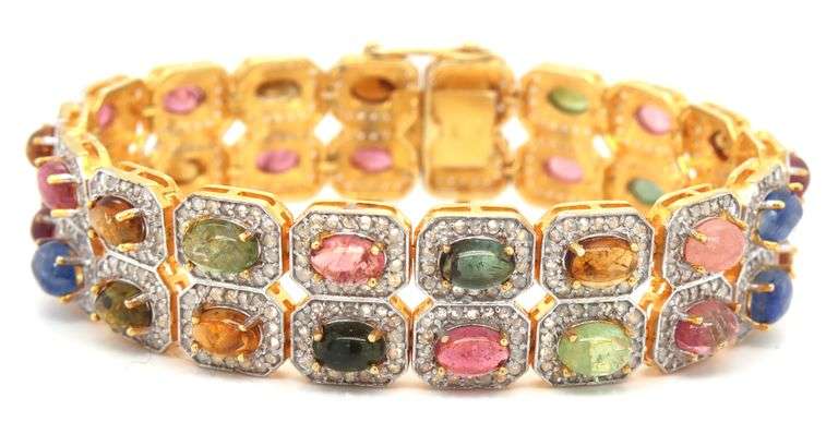 Jaw Dropping 19.00CTW Oval Multi Color Cabochon-Cut Tourmaline & 4.00CTW Diamond Bracelet in 14K Yel