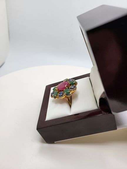 Extremely fine Victorian natural ruby, emerald, sapphire, diamonds ring on silver