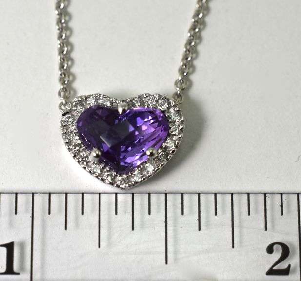 Modern 14K White Gold Amethyst Heart & Diamond Necklace