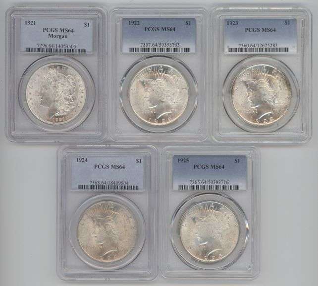 5 Near Gem BU PCGS MS64 Silver Dollars 1921 to 1925