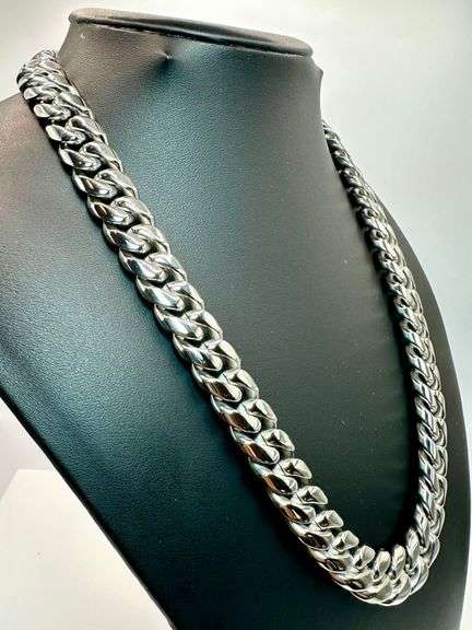 Huge 194 Gram 14 Kt White Gold Plate Cuban Link Chain Necklace