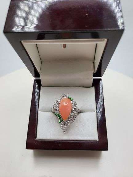 Extremely fine Victorian natural coral, emerald, diamonds ring on silver