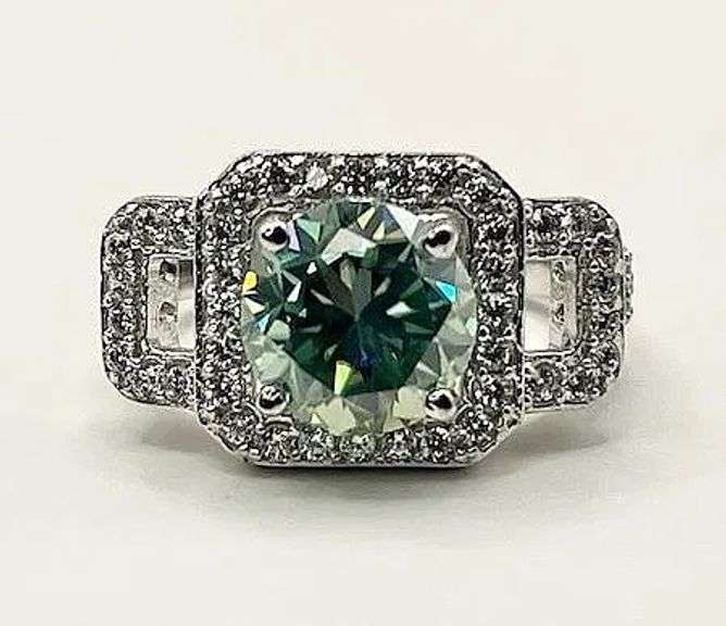 14 K White Gold Plate 3.65 Ct Paraiba Green Fire Moissanite Ring
