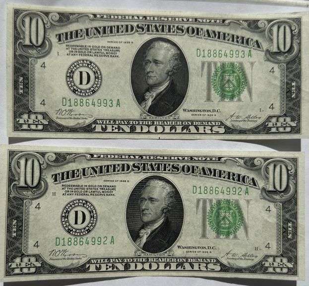 Two $10  Unc Consecutive 1928 B Fed Reserve Notes