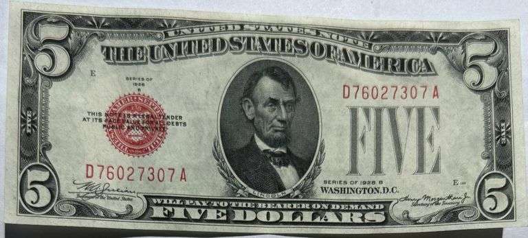 $5 1928 B Numerical Series  Very Near Unc Gold Payable Note