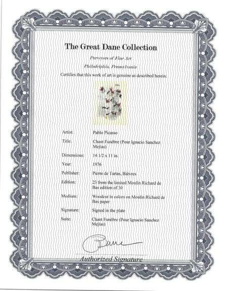 Rare Pablo Picasso Woodcut on Moulin Richard de Bas Paper from Chant Funèbre pour Ignacio Sánchez Me