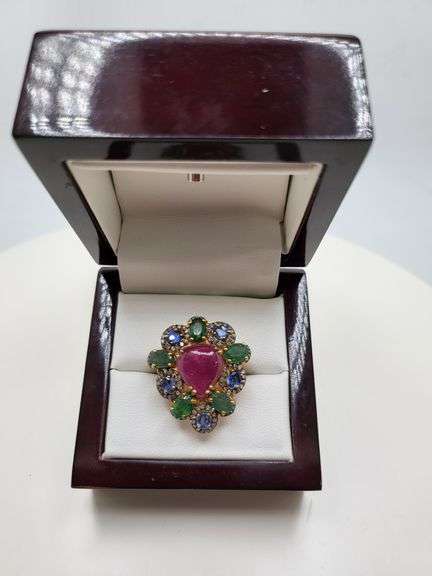 Extremely fine Victorian natural ruby, emerald, sapphire, diamonds ring on silver