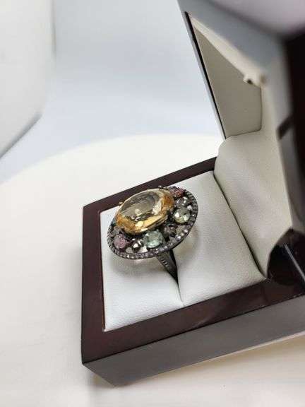 Extremely fine Victorian natural citrine, multi sapphire, diamonds ring on silver