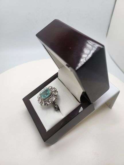 Extremely fine Victorian natural blue topaz and diamonds ring on silver