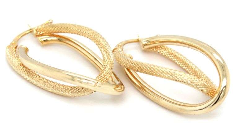 14kt Yellow gold high polish textured double twisted hoop earrings