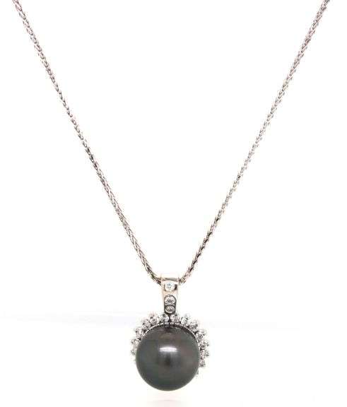 14kt White gold 12mm Tahitian pearl and diamond halo pendant on chain