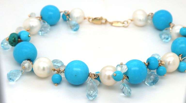 Zoe B. Gypsy turquoise, aquamarine Briolette and pearl bracelet