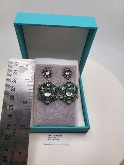 Very high quality hand made emerald and diamonds with blue topaz on silver earrings