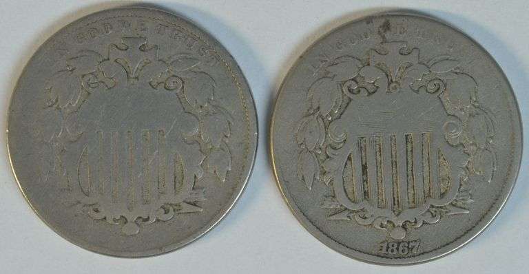 1867 & 1867 with Rays Shield Nickels