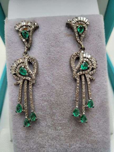 Very high quality hand made emerald and diamonds on silver earrings