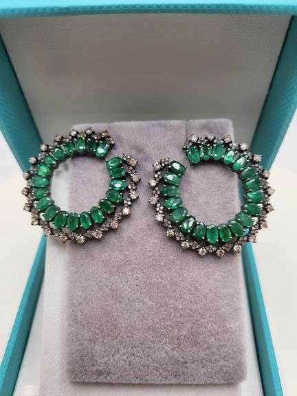 Very high quality hand made emerald and diamonds on silver earrings