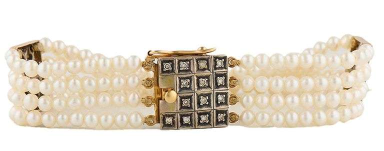 Vintage Seed Pearl and Diamond Multi Row Station Strand Bracelet in 18K