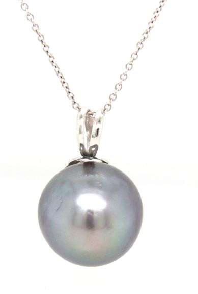 14kt White gold 14mm Tahitian pearl pendant on chain