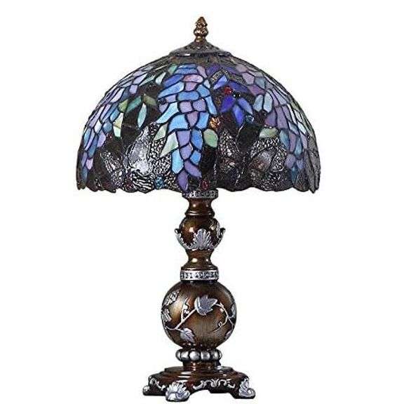 Wisteria Flowers and Butterflies Stained Glass Lamp