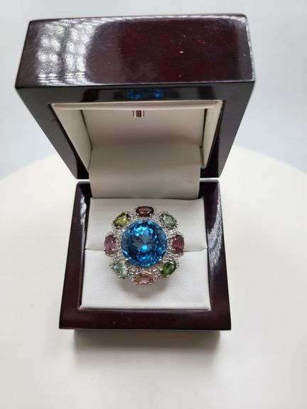 Extremely fine Victorian natural topaz, multi sapphire, diamonds ring on silver