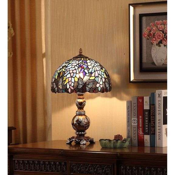Wisteria Flowers and Butterflies Stained Glass Lamp