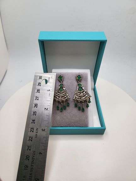 Very high quality hand made emerald and diamonds on silver earrings