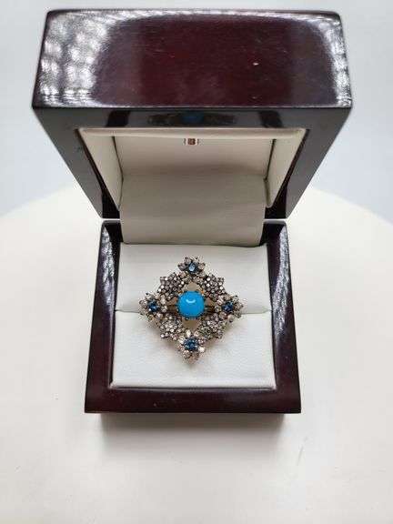 Extremely fine Victorian turquoise and diamonds with sapphire ring on silver