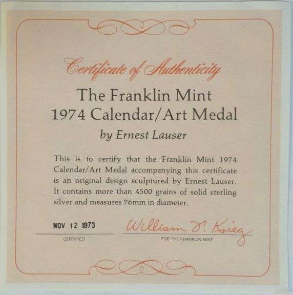 2 Heavy Pure Sterling Silver Franklin Mint Medals: 18 ozs total weight