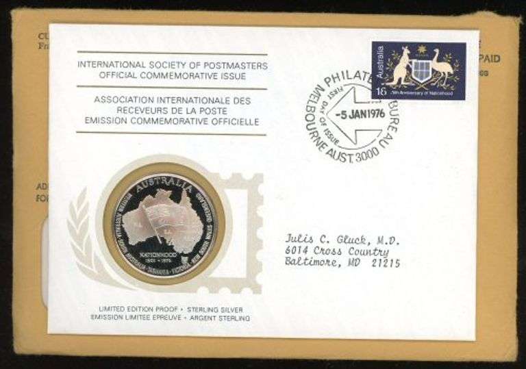 5 Different 1976 Internation Society of Postmasters Silver Medallic First Day Covers in Original Env