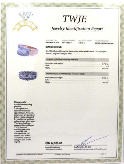 14kt Yellow gold 1.75ctw RBC and Baguette 3 row diamond band