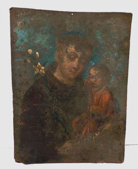 Antique Mexican Retablo Painting on Tin, St. Nicholas