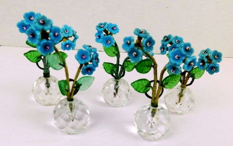 5 Antique Czech Glass Forget-Me-Not Place Card Holders