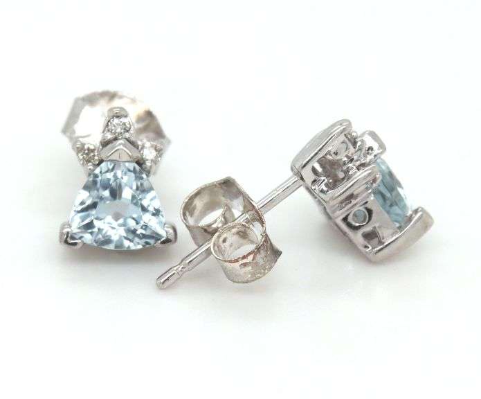 14kt White gold Triangle aquamarine and diamond accent stud earrings