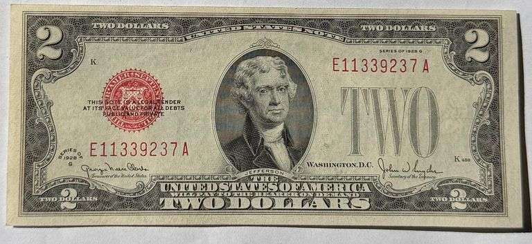 1928 G Uncirculated $2 Red Seal US Note.