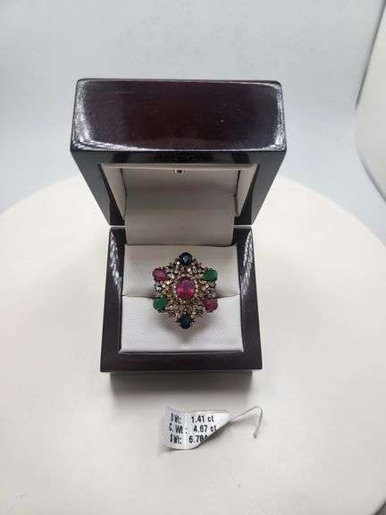 Extremely fine Victorian emerald, ruby, sapphire and diamonds ring on silver