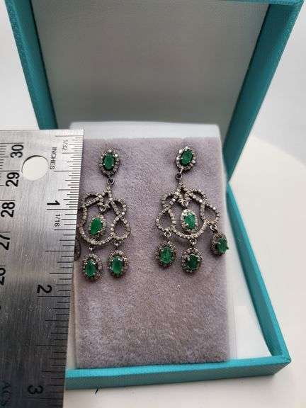 Very high quality hand made emerald and diamonds on silver earrings