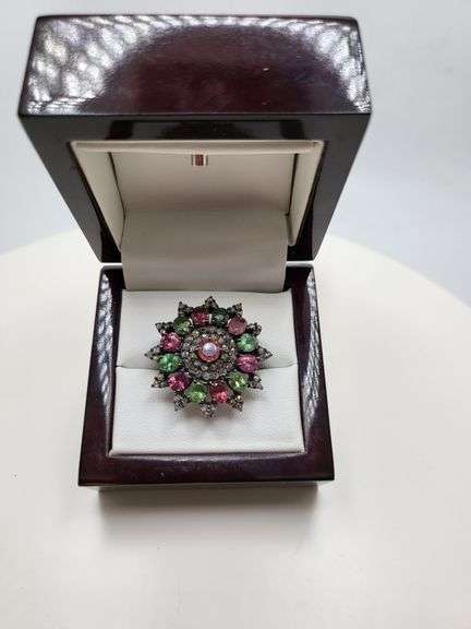 Extremely fine Victorian natural multi sapphire, diamonds ring on silver