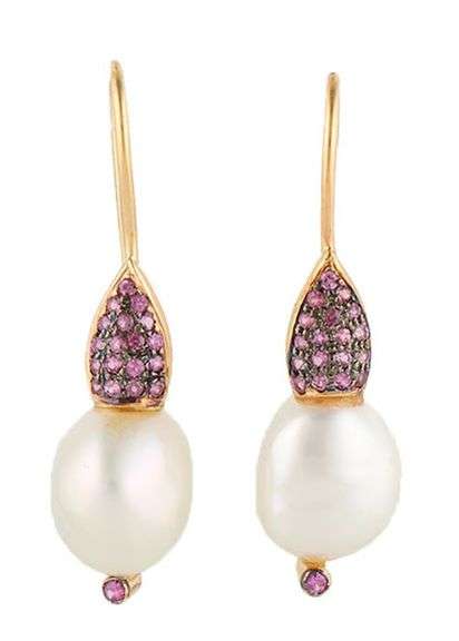 Pink Sapphire and Baroque Pearl Fish Hoop Earrings in 18K
