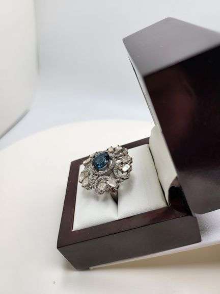 Extremely fine Victorian natural blue topaz in center and diamonds ring on silver