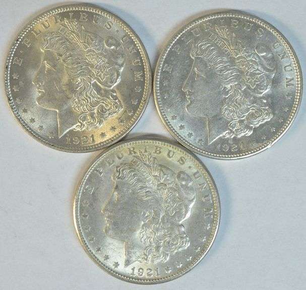 Choice 1921 P-D-S Morgan Silver Dollars. Lustrous