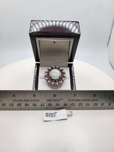 Extremely fine Victorian natural opal in center, diamonds ring on silver