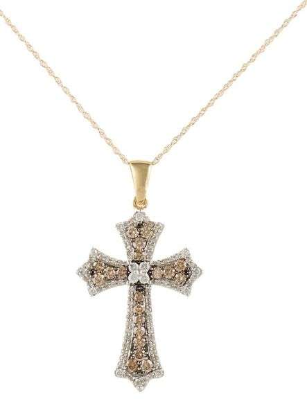 1.15ctw Chocolate and White Diamond Frame Cross Pendant Necklace in 14K