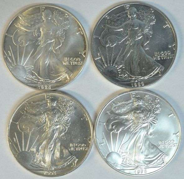 4 Diff. 1986 to 1998 Superb Gem BU better date $1 Silver Eagles