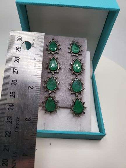 Very high quality hand made emerald and diamonds on silver earrings